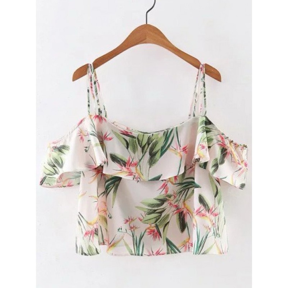 Zara pink green tropical floral cold shoulder flowy top size xs